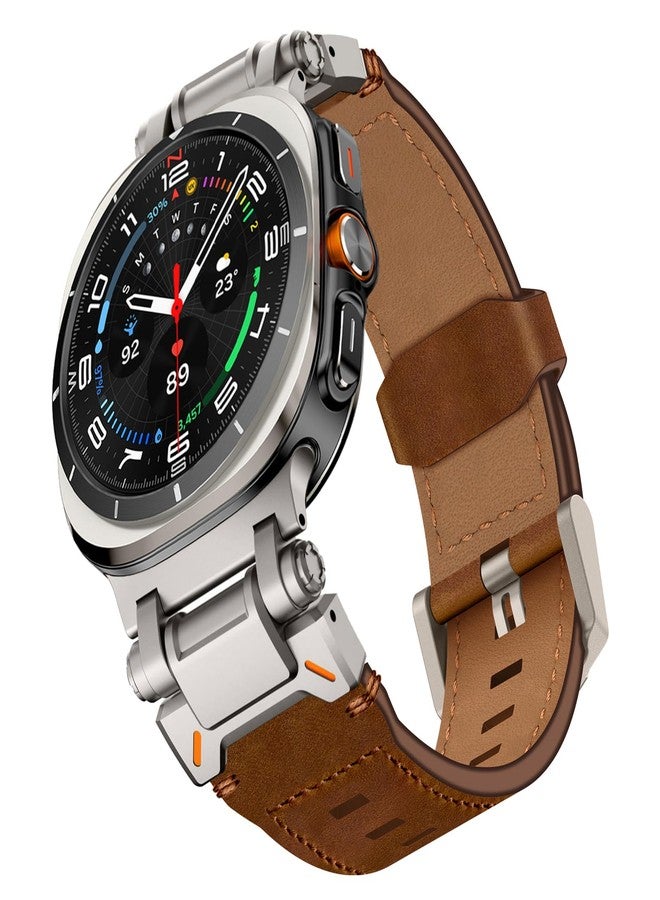 سوار جلدي من وينجل لساعة سامسونج جالاكسي ألترا، مقاس 47 مم، إصدار 2025/2024، للرجال، عريض ومتين، مصنوع من جلد طبيعي فاخر مع موصل معدني، مناسب للارتداء اليومي أو العمل، لون بني - Image 1